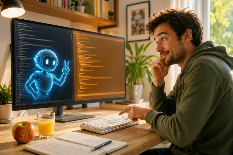Personne qui hésite avant d'appuyer sur Entrée pendant qu'un assistant IA apparaît sur un terminal à écran partagé