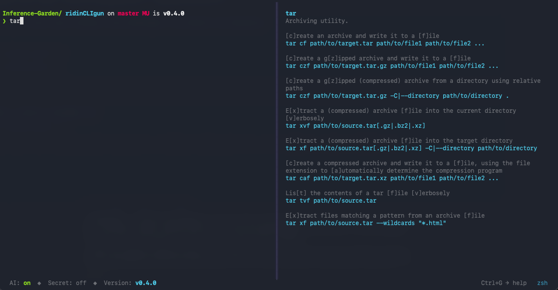 ridinCLIgun zeigt Offline-Hilfe für tar mit Syntax und echten Beispielen während der Eingabe